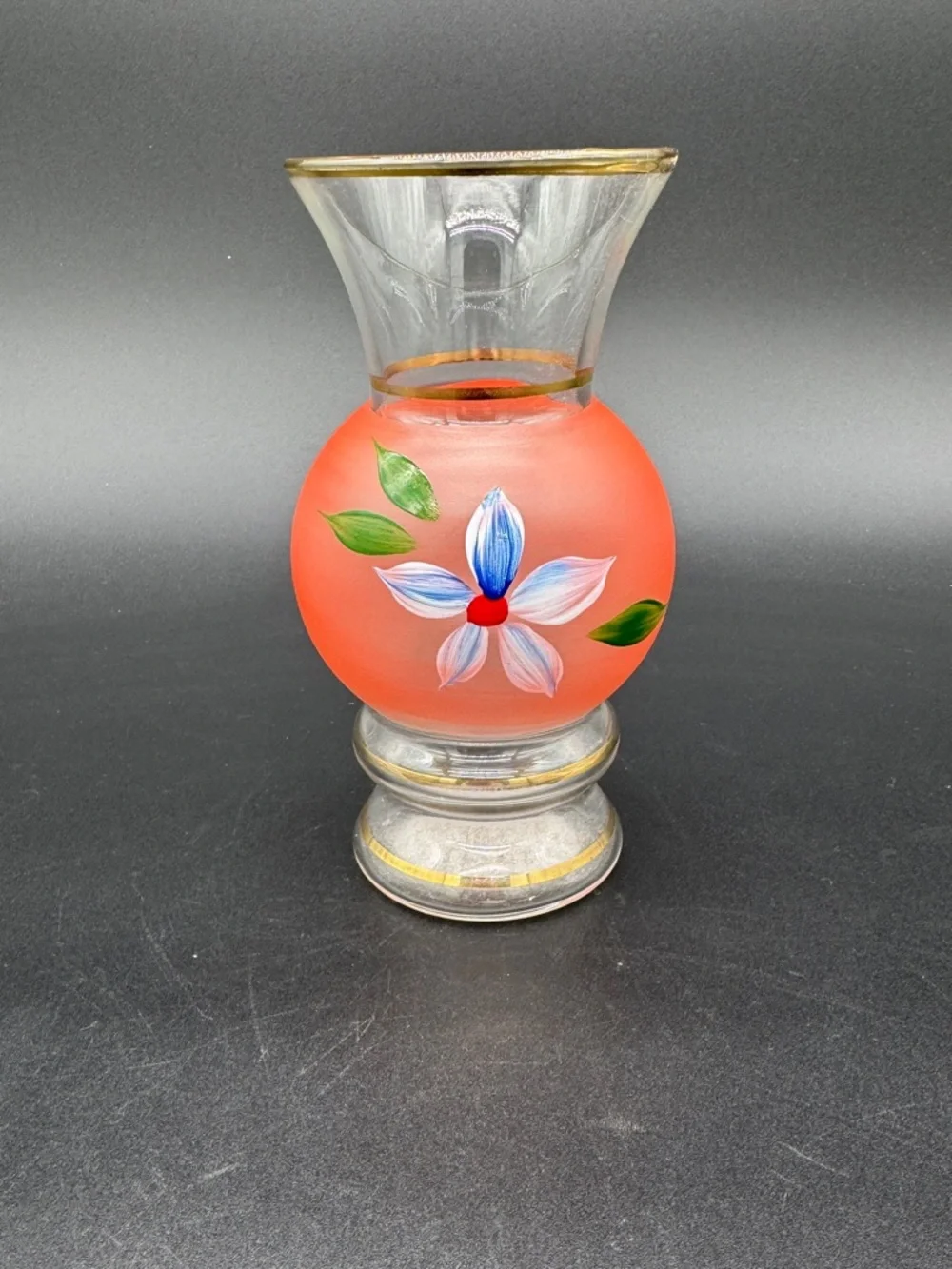 Vintage Bartlett Collins Glass Bud Vase Pink with White Flower and Gold Trim